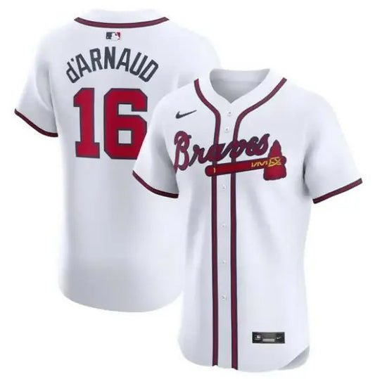 White Atlanta Braves baseball jersey featuring Travis d’Arnaud Nike Home Elite design