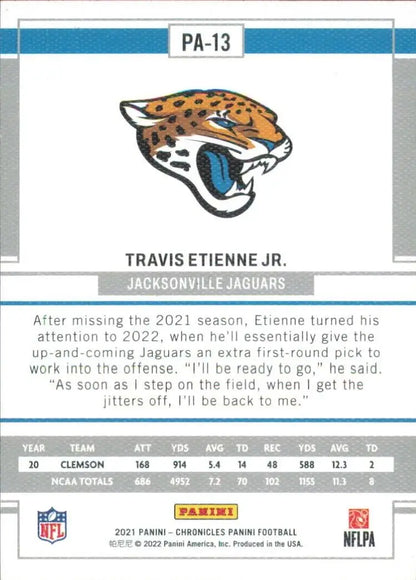 Travis Etienne Jr rookie football card from Panini Chronicles Panini Pink series