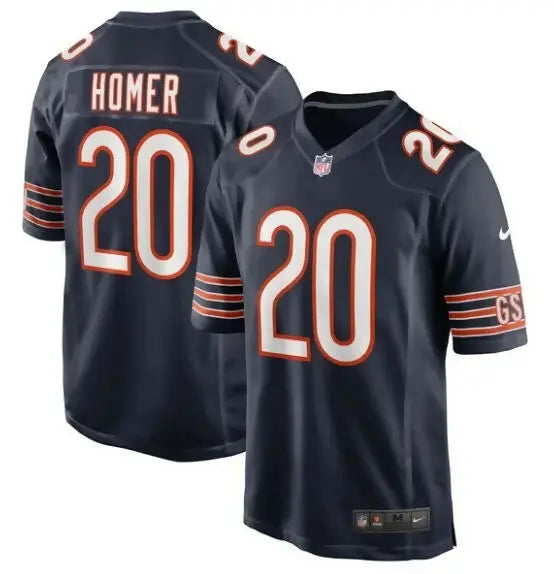 Dark blue Travis Homer Chicago Bears Nike game jersey with HOMER 20 on back and front