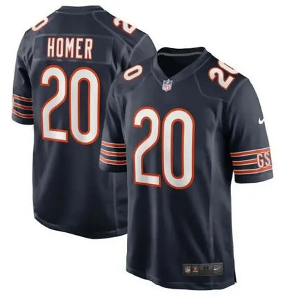Dark blue Travis Homer Chicago Bears Nike game jersey with HOMER 20 on back and front