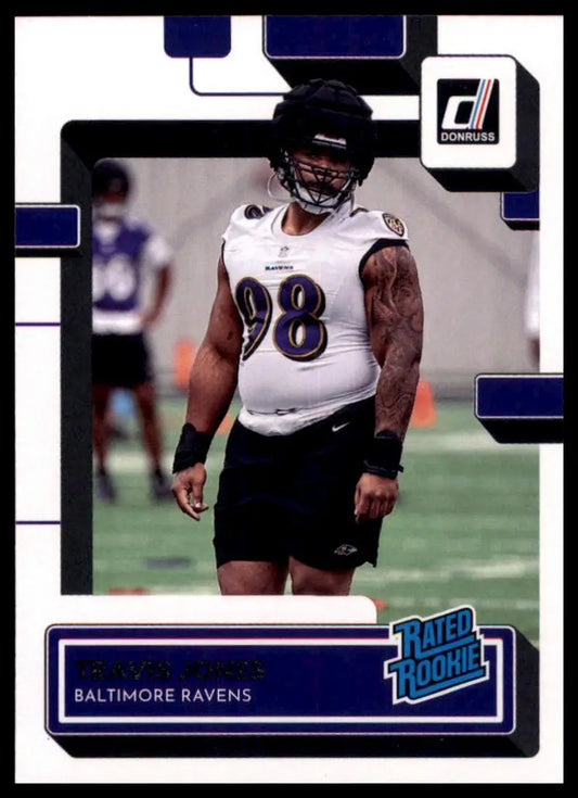 Football trading card featuring Travis Jones Rookie 2022 Donruss Baltimore Ravens