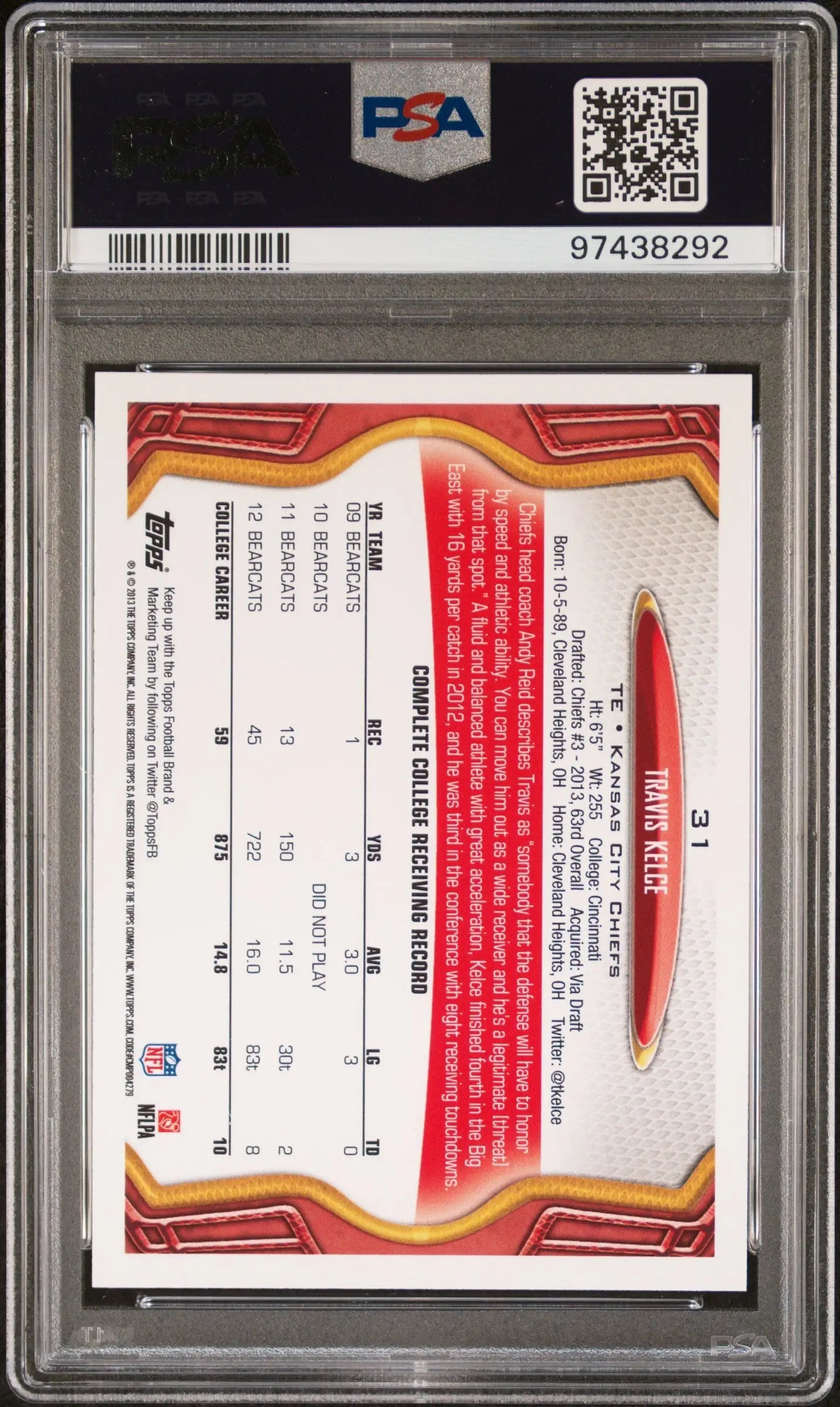 PSA-graded Travis Kelce 2013 Topps Rookie #31 reverse with stats in red and orange
