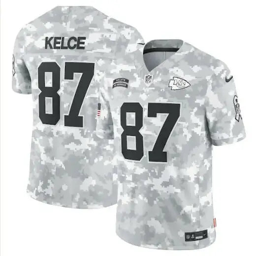 White and gray digital camouflage NFL jersey featuring travis kelce number 87 chiefs nike arctic camo