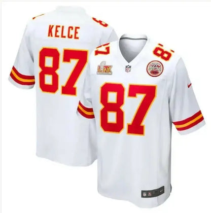 White Kansas City Chiefs Travis Kelce Nike Super Bowl LIX Game Jersey displayed