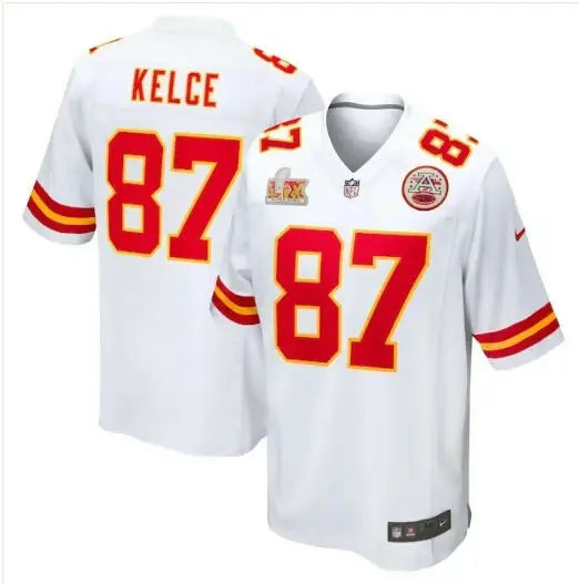 White Kansas City Chiefs Travis Kelce Nike Super Bowl LIX Game Jersey displayed