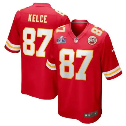Red Kansas City Chiefs Kelce #87 Nike Super Bowl LVIII Game Jersey display