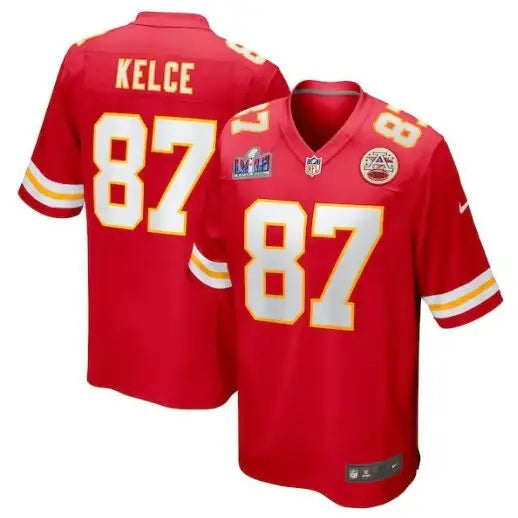 Red Kansas City Chiefs Kelce #87 Nike Super Bowl LVIII Game Jersey display