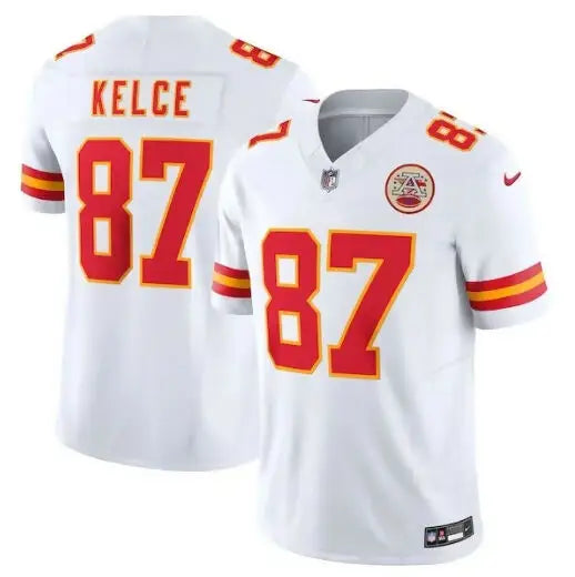 White Chiefs Nike Vapor Travis Kelce jersey with red numbers and lettering