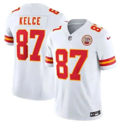 White Chiefs Nike Vapor Travis Kelce jersey with red numbers and lettering