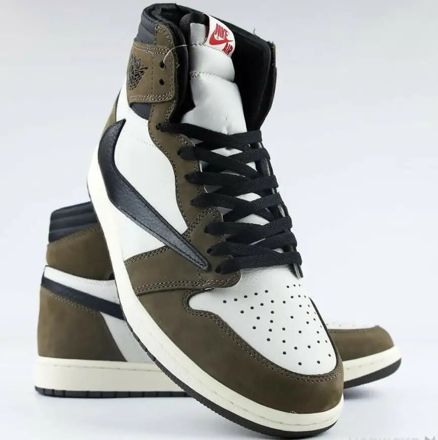 Travis Scott x Air Jordan 1 High Mocha sneaker with black reverse swoosh and green overlays