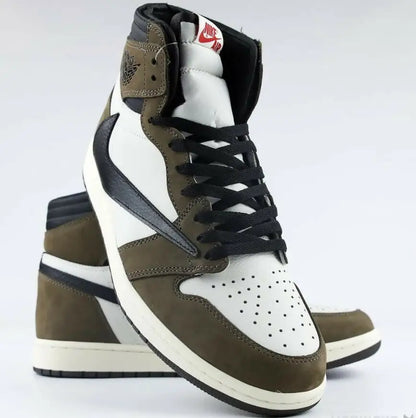 Travis Scott x Air Jordan 1 High Mocha sneaker with black reverse swoosh and green overlays