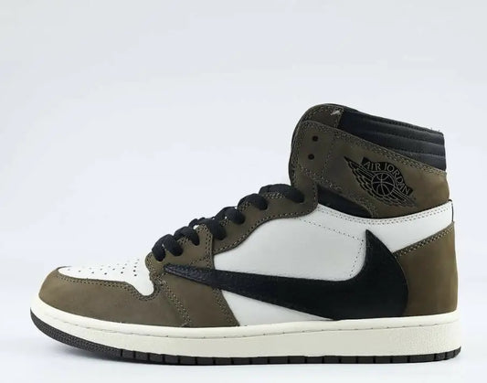 Travis Scott x Air Jordan 1 High Mocha sneaker with olive green accents and black Nike swoosh for fast shipping