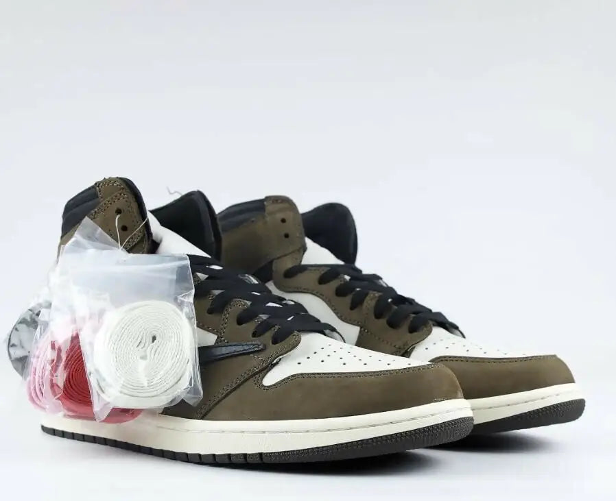 Olive green, black, and white Travis Scott x Air Jordan 1 High Mocha sneakers with red laces, fast shipping