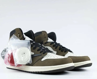 Olive green, black, and white Travis Scott x Air Jordan 1 High Mocha sneakers with red laces, fast shipping