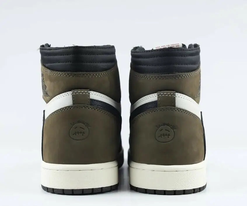 Olive green and white Travis Scott x Air Jordan 1 High Mocha sneakers with black accents, fast shipping