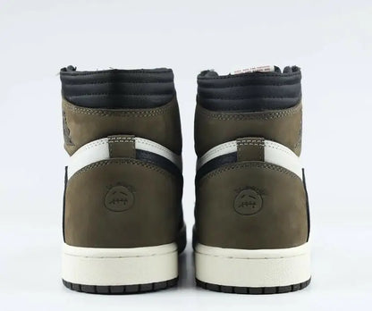 Olive green and white Travis Scott x Air Jordan 1 High Mocha sneakers with black accents, fast shipping