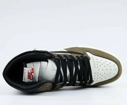 High-top Travis Scott x Air Jordan 1 High Mocha sneaker in olive green black white colors