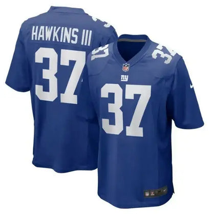 Two New York Giants Nike game jerseys featuring Hawkins III number 37 royal color