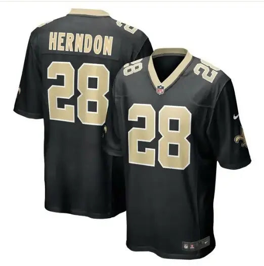 Black and gold Tre Herndon New Orleans Saints Nike Game Jersey featuring #28