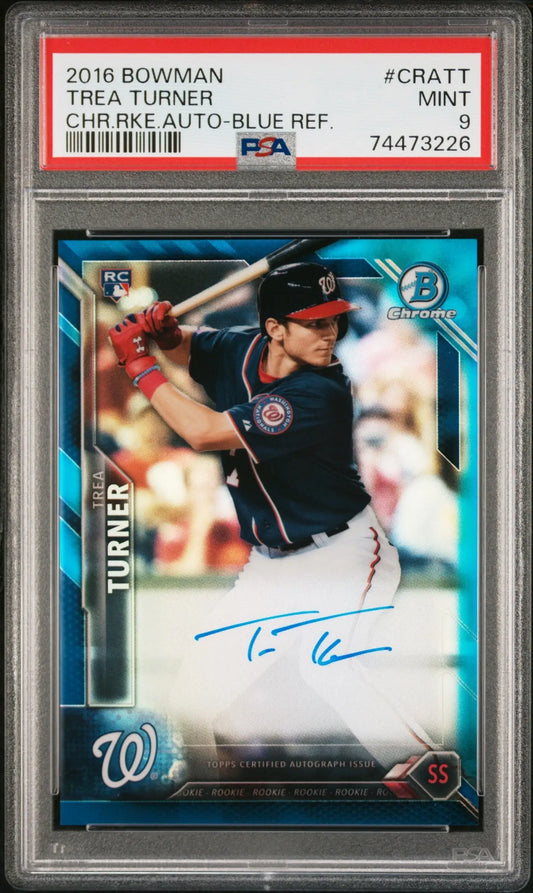 PSA-graded Trea Turner 2016 Bowman Chrome Blue Refactor Rookie Auto baseball card