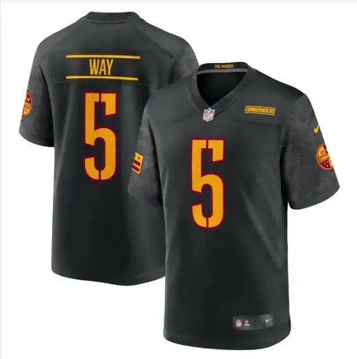 Black Tress Way Washington Commanders Nike Alternate Game Jersey with orange and red trim and WAY on the back