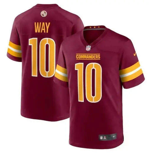 Maroon and gold Washington Commanders Nike Game Jersey with number 10 front view