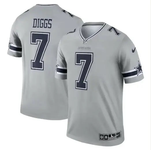 Gray Dallas Cowboys Trevon Diggs #7 Nike Inverted Legend Jersey displayed on a product page