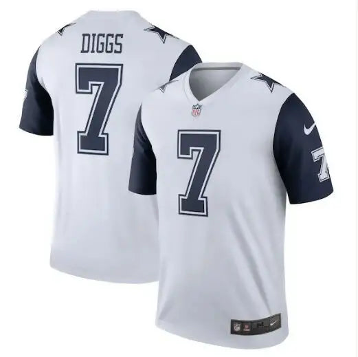 White Dallas Cowboys Trevon Diggs Nike Legend Player Jersey with navy blue sleeves and number 7