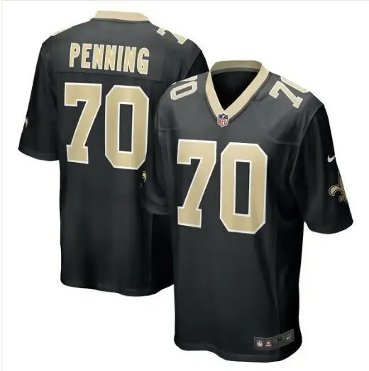 Black Orleans Saints Nike Trevor Penning football jersey with gold numbers and lettering