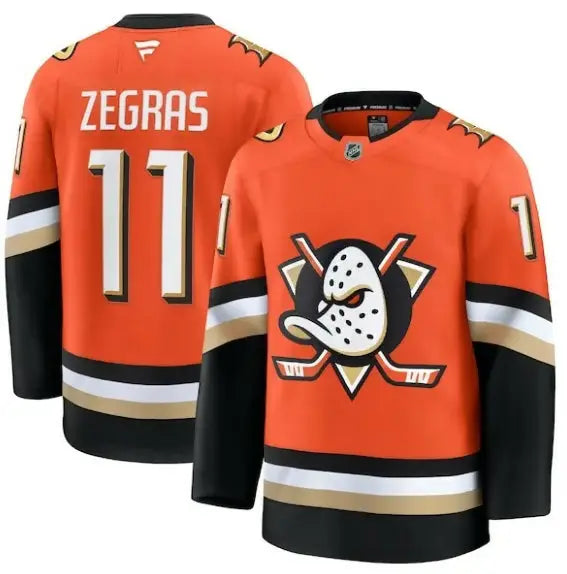 Orange Anaheim Ducks hockey jersey featuring Trevor Zegras for the team home game