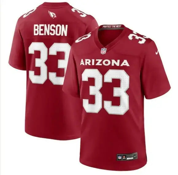 Red Arizona Cardinals Trey Benson Nike Game Jersey with BENSON 33 on back and ARIZONA 33 on front