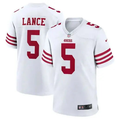 White San Francisco 49ers Trey Lance Nike Game Player Jersey with red numbers and stripes