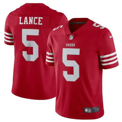 Two red Trey Lance San Francisco 49ers Nike Vapor Limited Jerseys with number 5