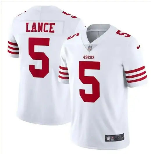White Trey Lance San Francisco 49ers Nike Vapor Limited Jersey with red LANCE and number 5