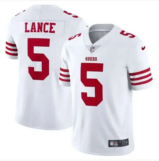White and red Trey Lance San Francisco 49ers Nike Vapor Limited Jersey with number 5