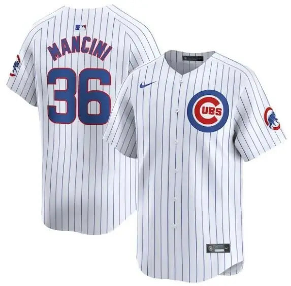 White pinstripe baseball jersey featuring Trey Mancini Chicago Cubs Nike Home Limited Player Jersey