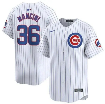 White pinstripe baseball jersey featuring Trey Mancini Chicago Cubs Nike Home Limited Player Jersey