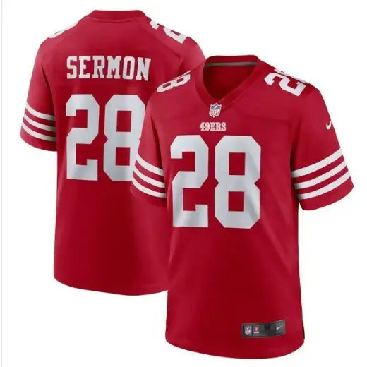 Red Trey Sermon San Francisco 49ers Nike game jersey with number 28 and name Sermon