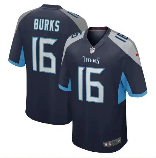 Navy and light blue Treylon Burks Tennessee Titans Nike Oilers throwback jersey with number 16