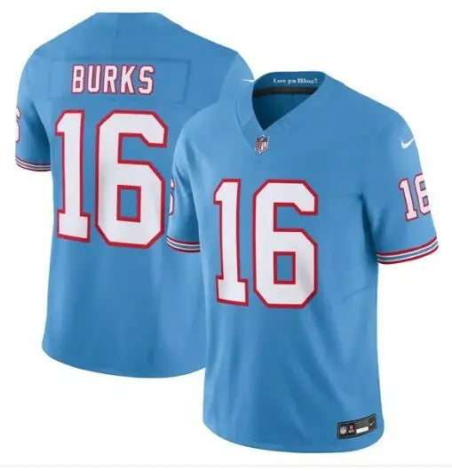 Light blue Tennessee Titans Treylon Burks Nike Vapor F.U.S.E. limited jersey with white and red number 16