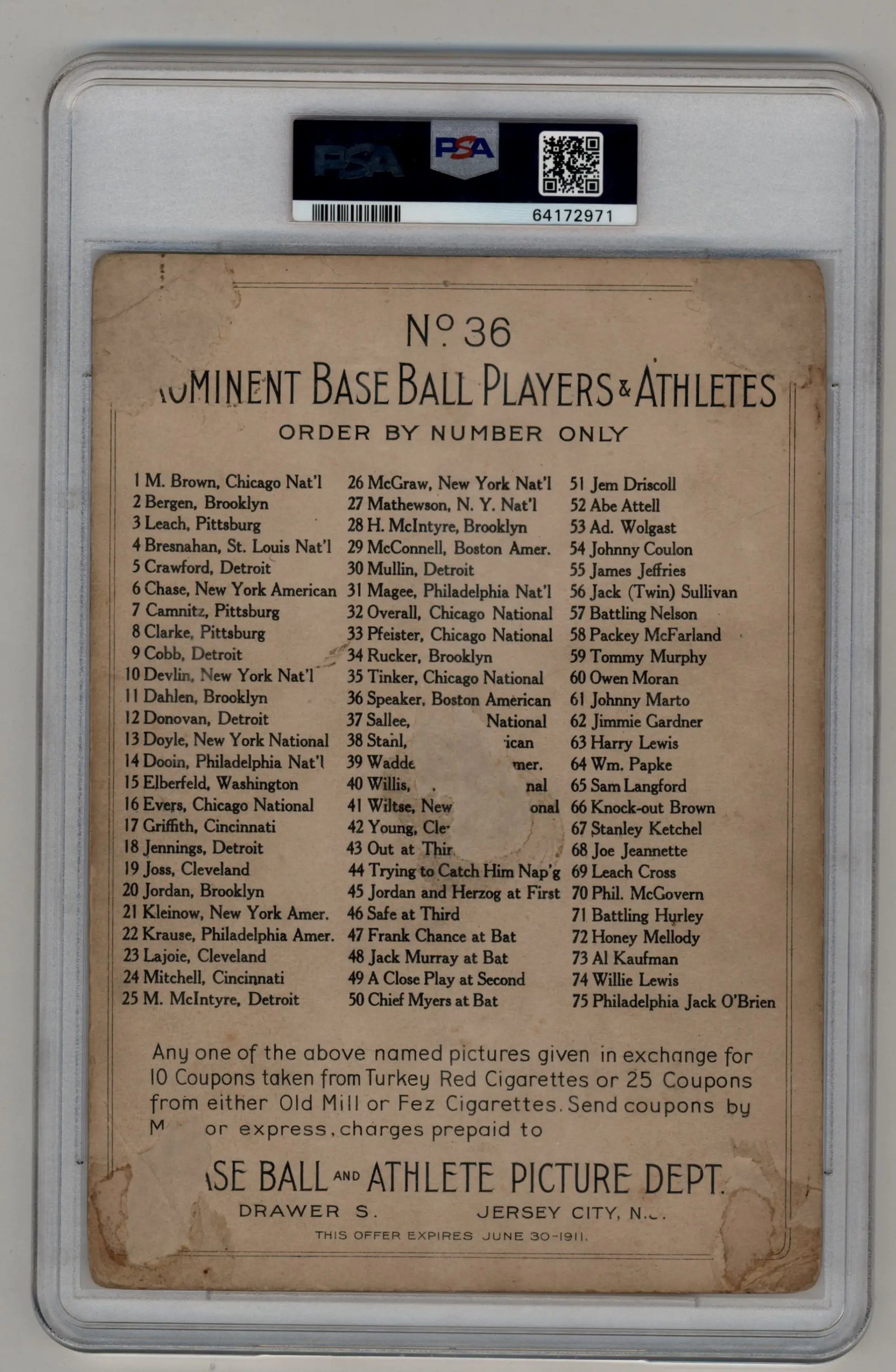 Vintage checklist of prominent baseball players on aged paper for Tris Speaker Turkey Red Trading Cards