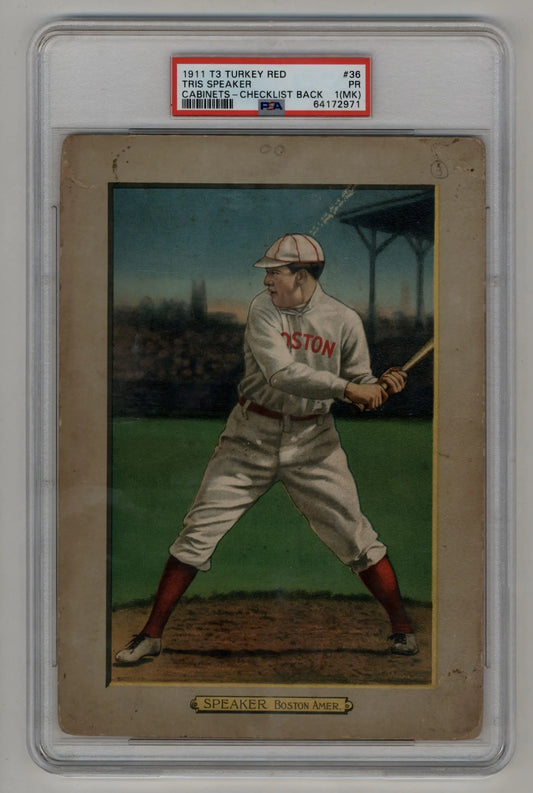 Vintage Tris Speaker 1911 Turkey Red trading card featuring Boston Red Sox player in batting stance