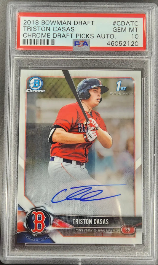 PSA-graded 2018 Bowman Chrome Draft Auto of Red Sox prospect Triston Casas in batting stance