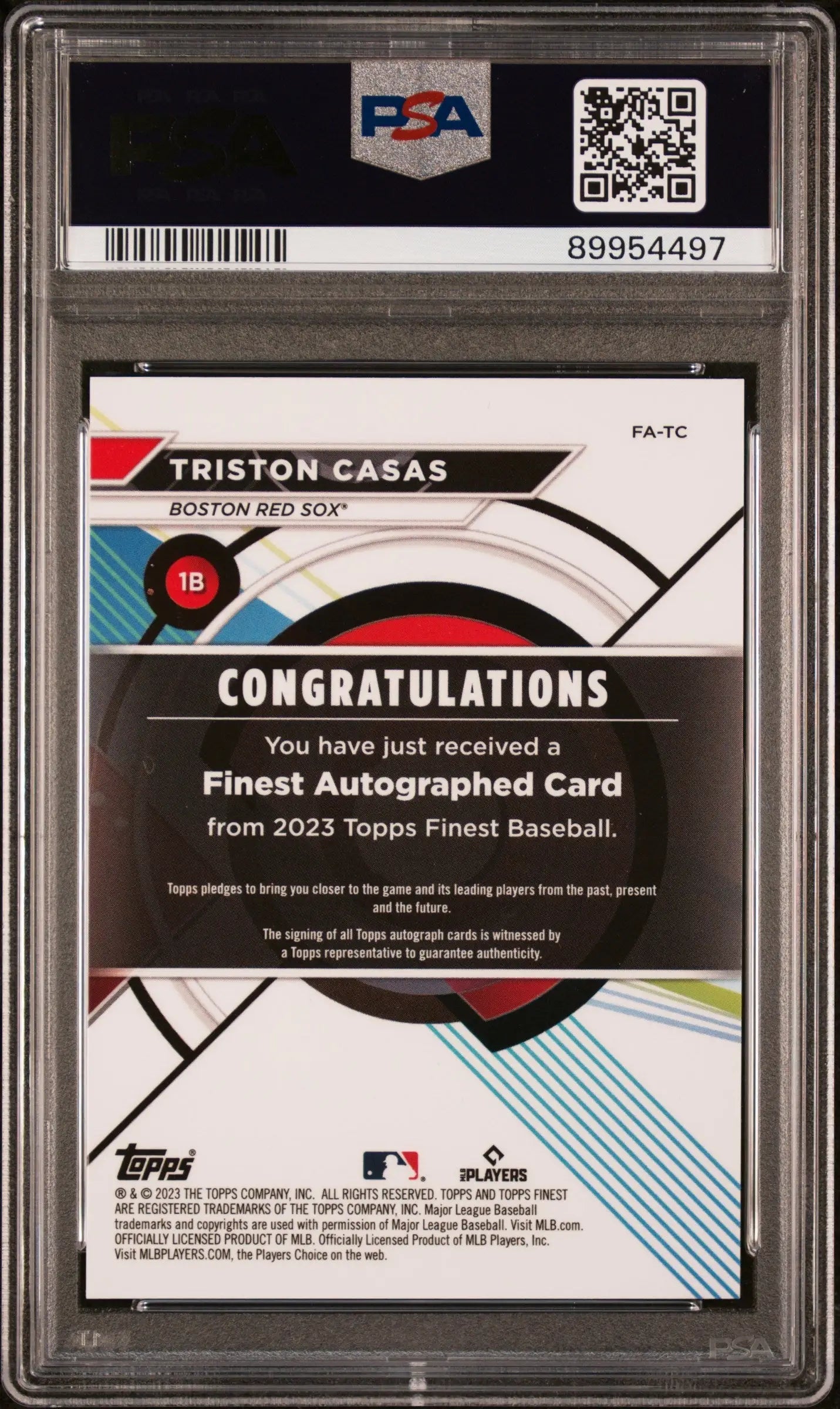 Back side of Triston Casas 2023 Topps Finest Blue Autograph PSA 10 trading card