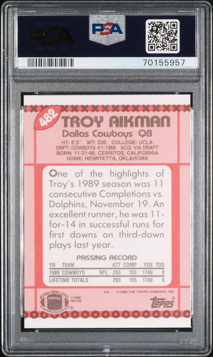 Encased 1989 Topps football card of Troy Aikman in Troy Aikman 1990 Topps Tiffany PSA 10 Gem Mint