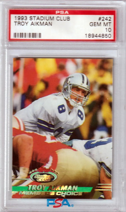 Graded Troy Aikman football card from Topps Stadium Club Members Choice PSA 10