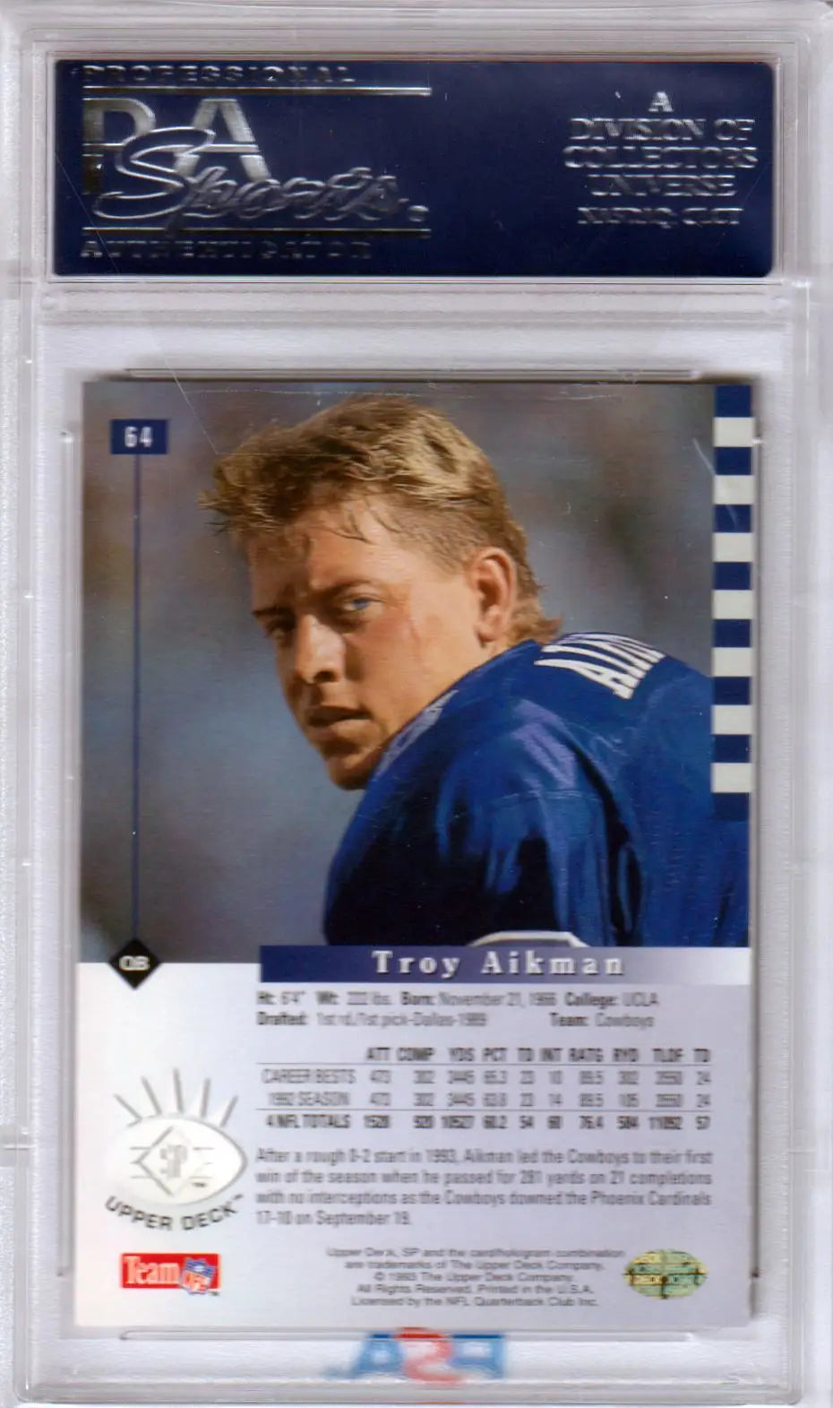 Troy Aikman 1993 Upper Deck SP #64 PSA 10 Gem Mint trading card in protective case