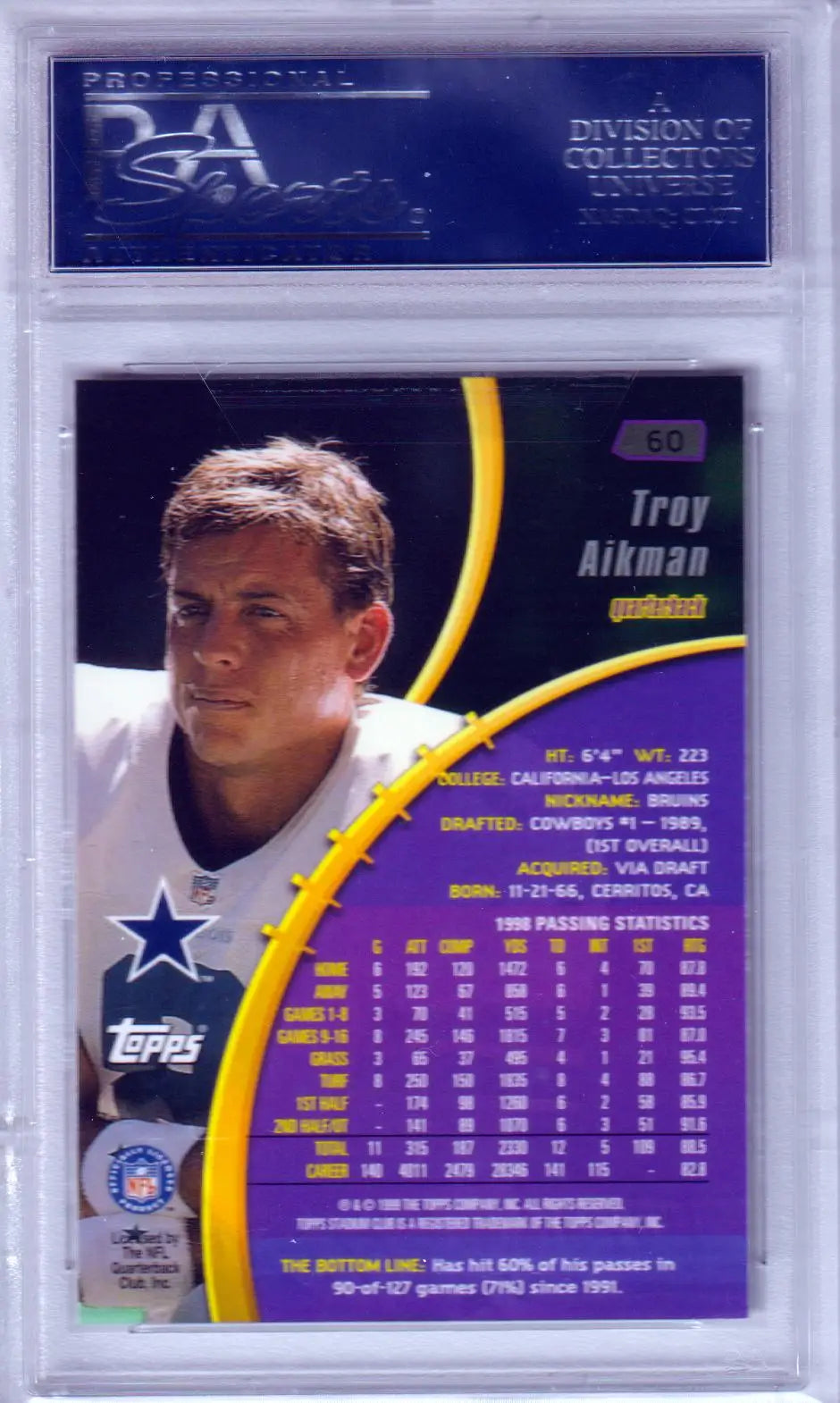 PSA-graded TROY AIKMAN 1999 Topps Stadium Club card in protective case with blue label