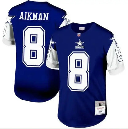 Blue and white Troy Aikman Dallas Cowboys Legacy Replica Jersey displayed in navy