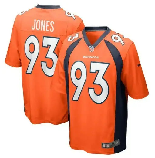 Orange NFL Denver Broncos Troy Jones game jersey with 93 displayed on the front